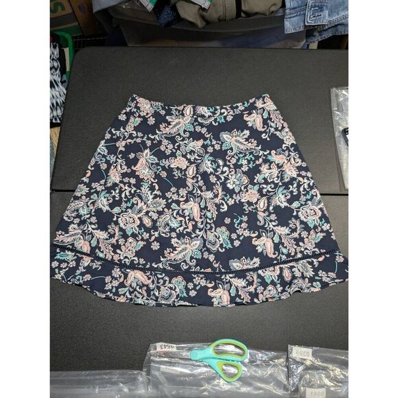 Loft Outlet Paisley Floral Flounce Skirt Navy Blue Pink Elastic Waist Size S - Picture 2 of 4